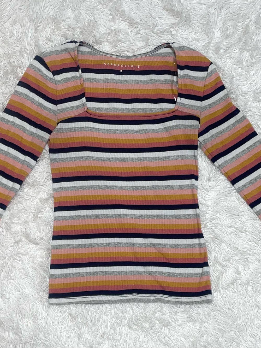 Aeropostale Striped Square Neck Long Sleeve Top - Pink, Navy, Gray